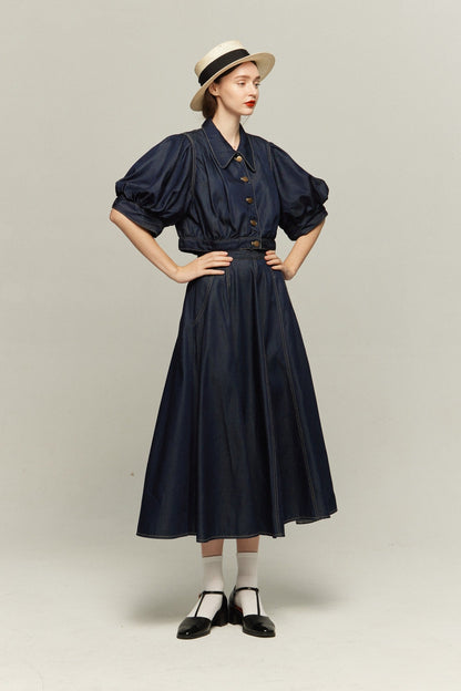 ハイウエストデニムスカート-Navy