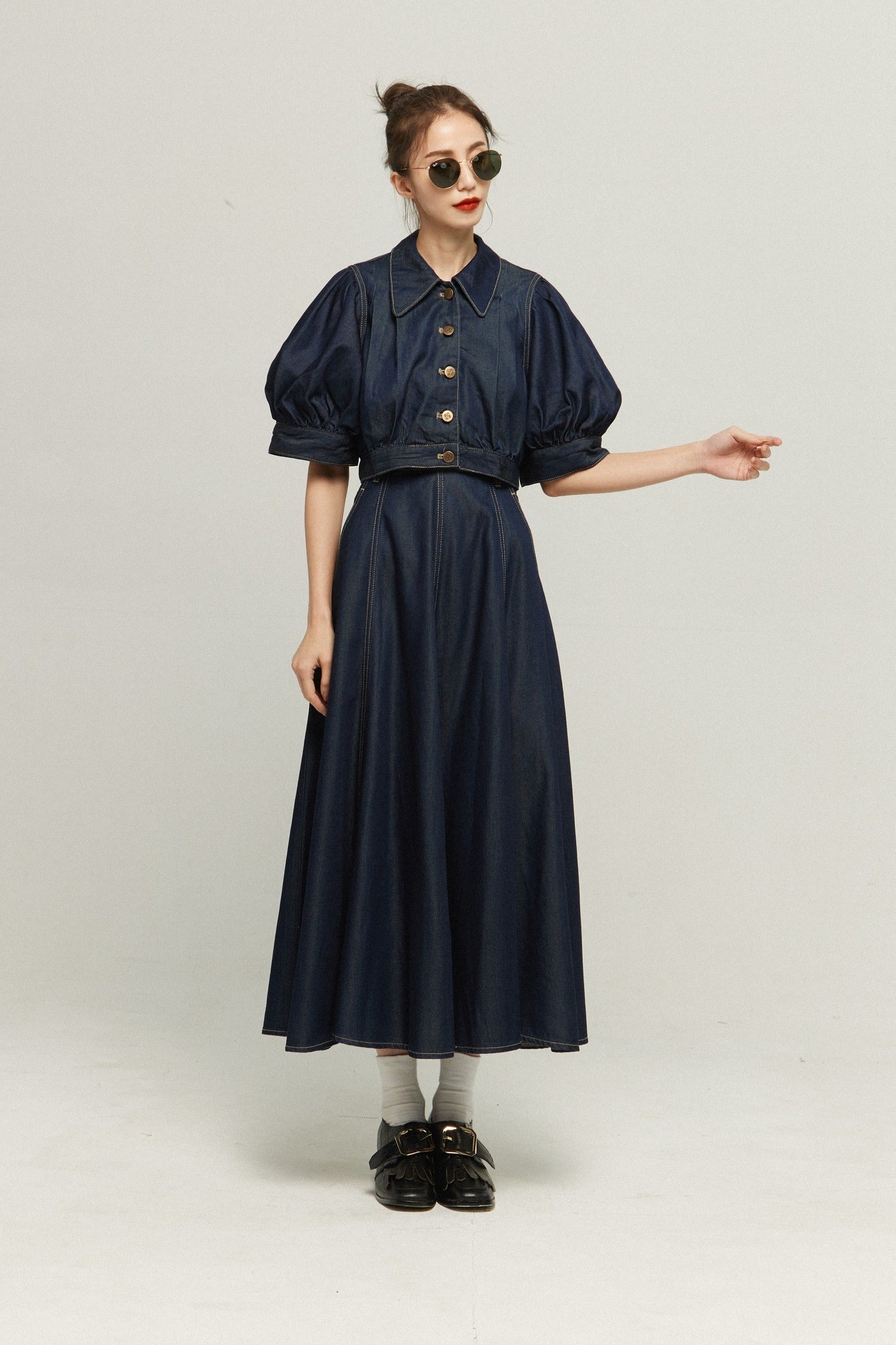 パフスリーブデニムトップス-Navy