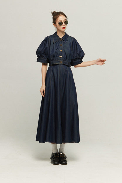 パフスリーブデニムトップス-Navy