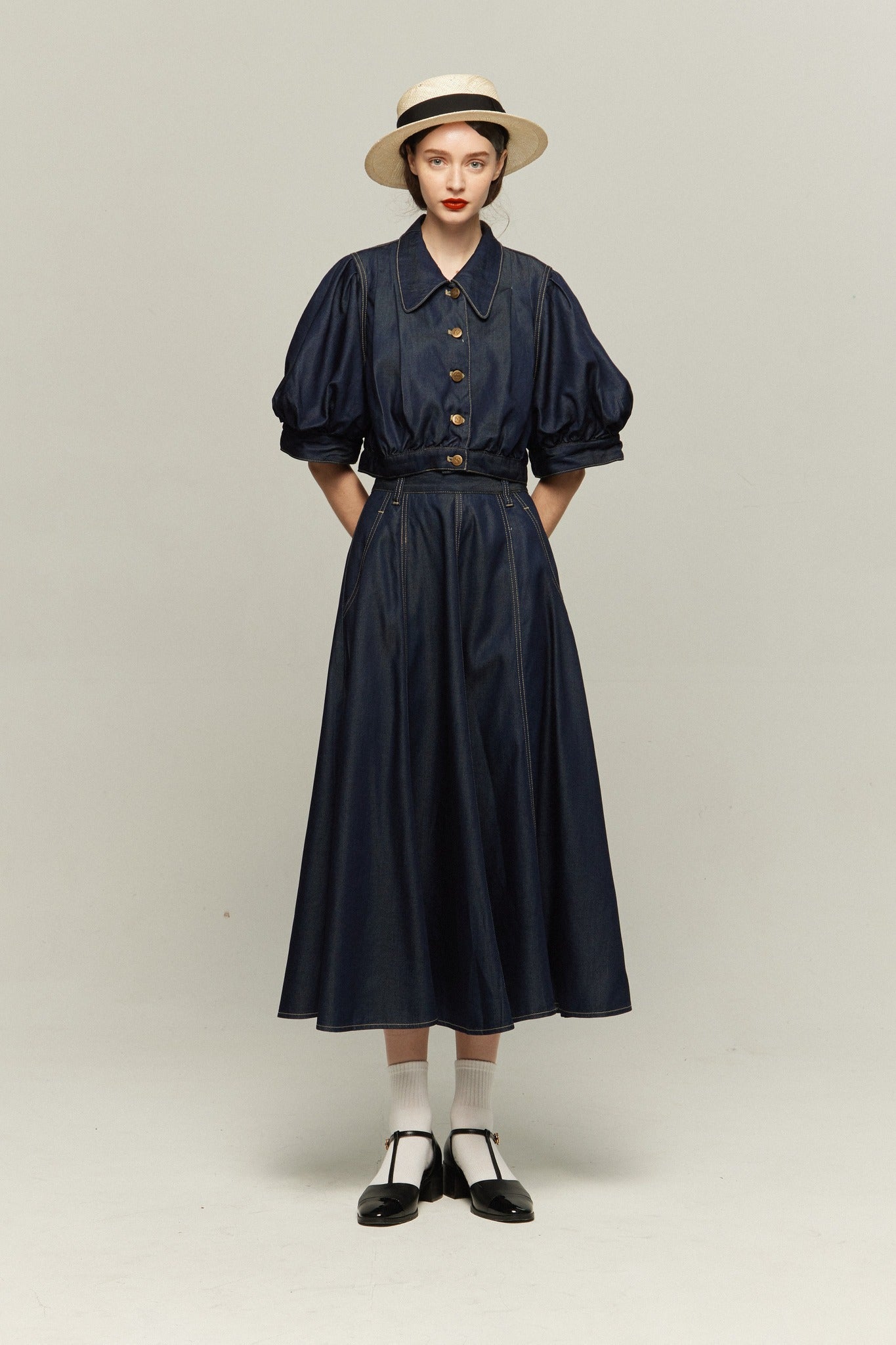 パフスリーブデニムトップス-Navy
