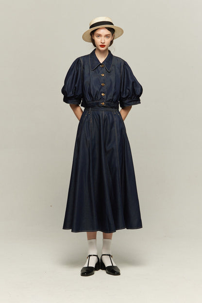 ハイウエストデニムスカート-Navy