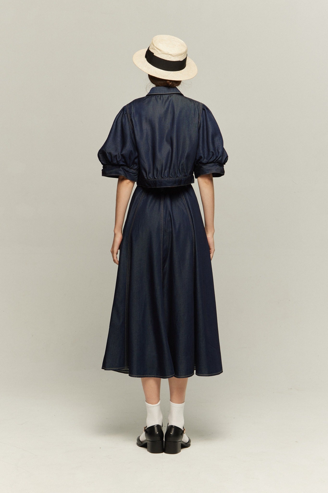 パフスリーブデニムトップス-Navy
