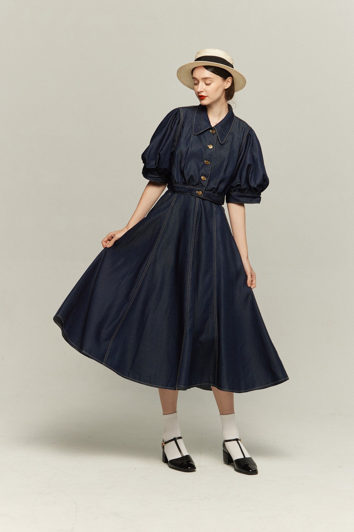 パフスリーブデニムトップス-Navy
