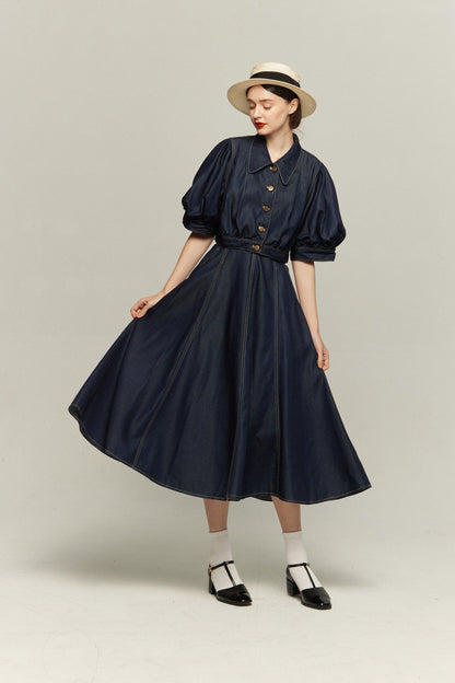 パフスリーブデニムトップス-Navy