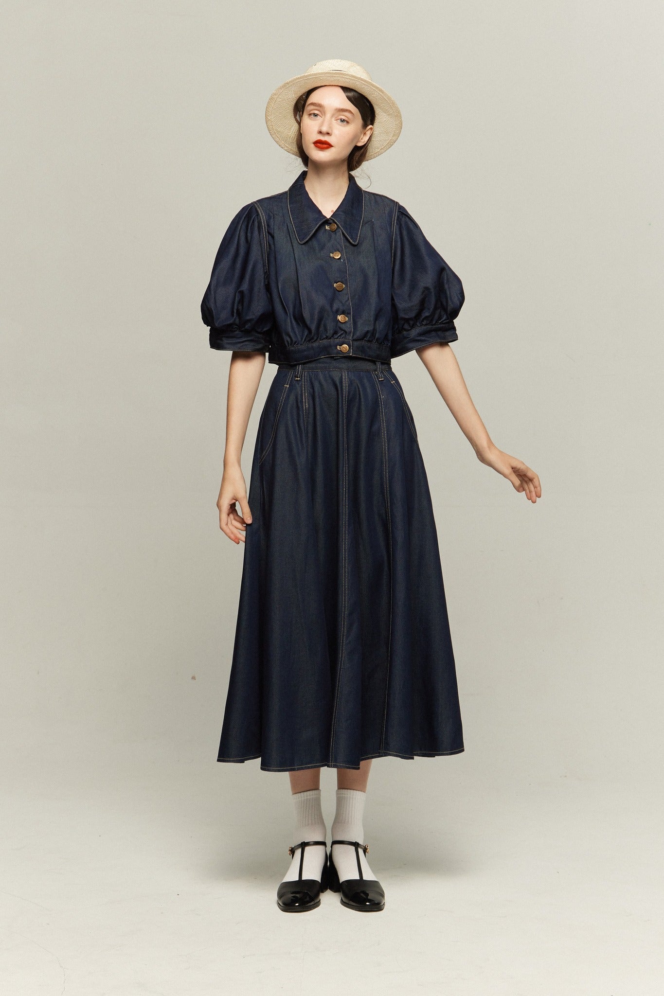 ハイウエストデニムスカート-Navy