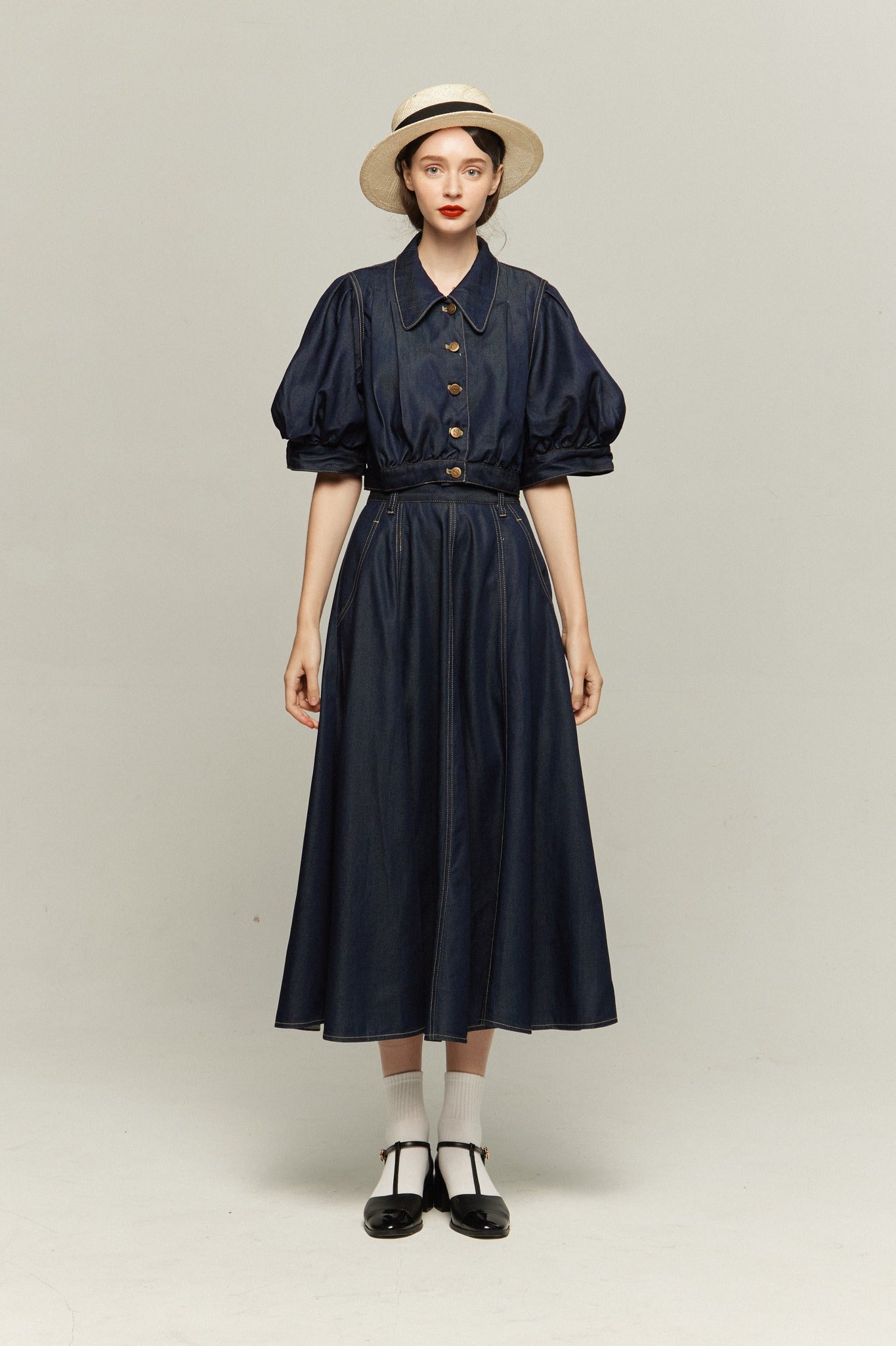 ハイウエストデニムスカート-Navy