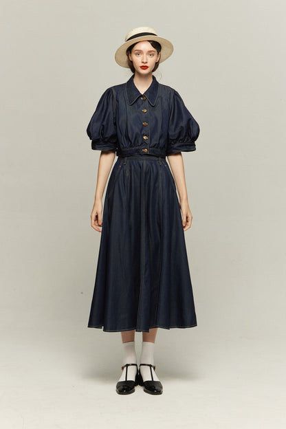 ハイウエストデニムスカート-Navy