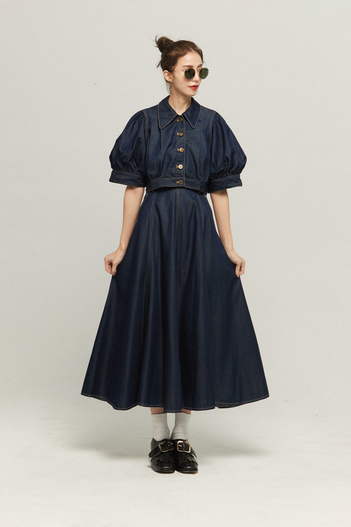 パフスリーブデニムトップス-Navy