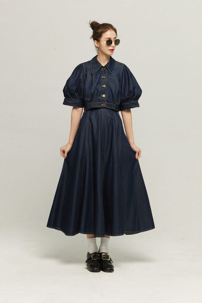 ハイウエストデニムスカート-Navy