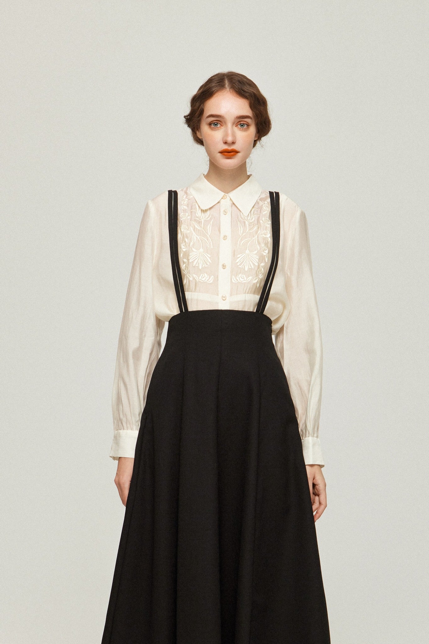 ダブルシンショルダーストラップサスペンダースカート-Black