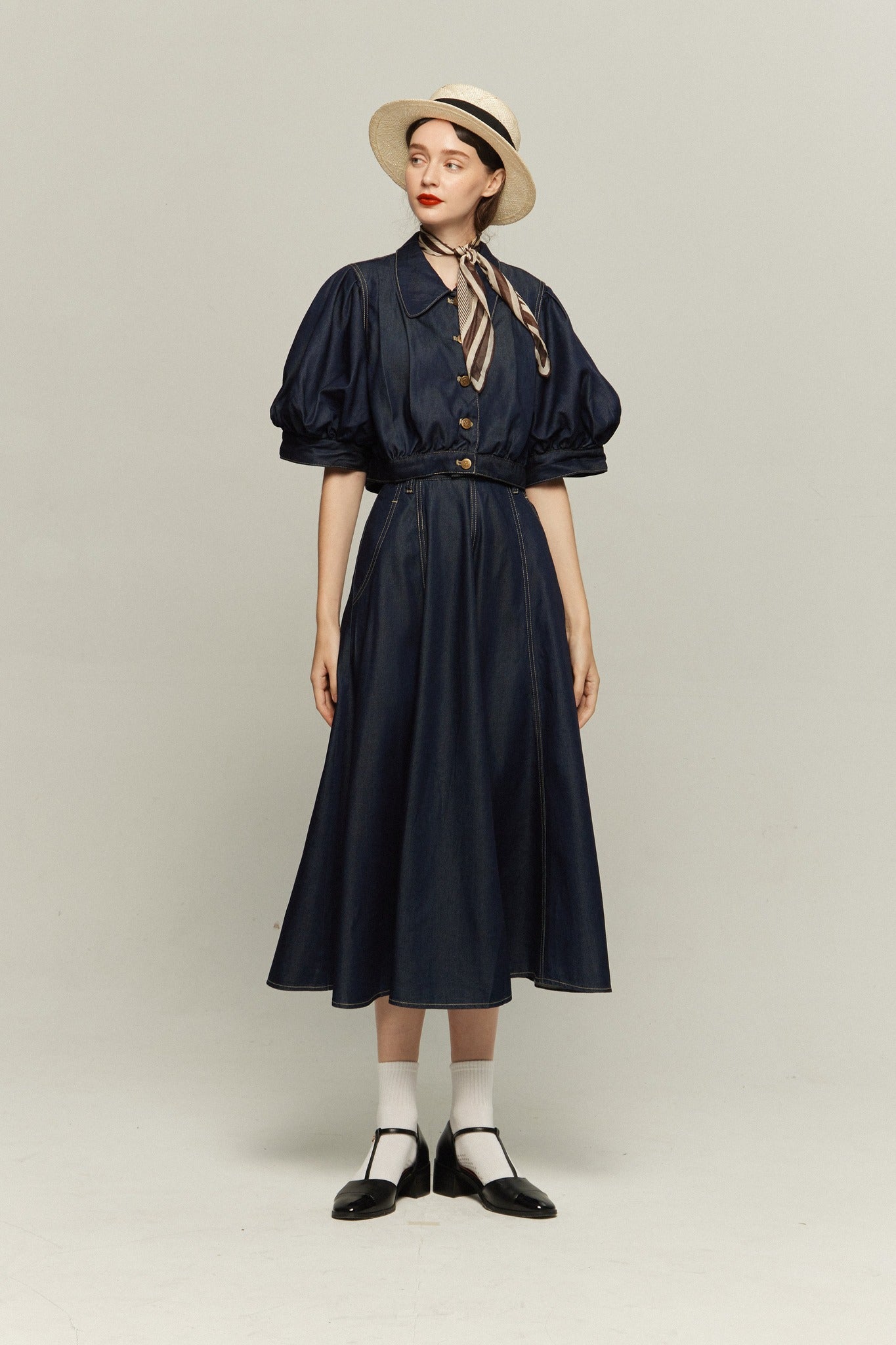 ハイウエストデニムスカート-Navy