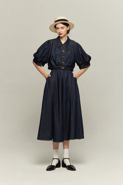 パフスリーブデニムトップス-Navy