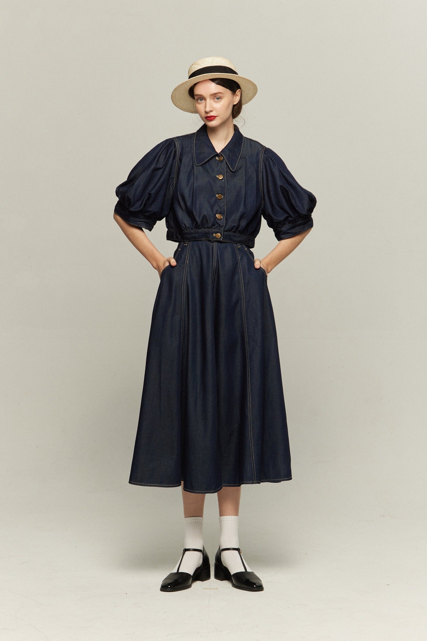 ハイウエストデニムスカート-Navy