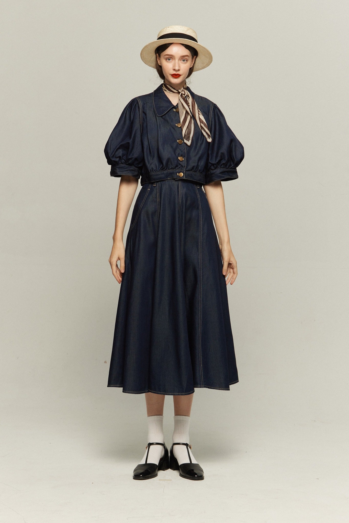 ハイウエストデニムスカート-Navy