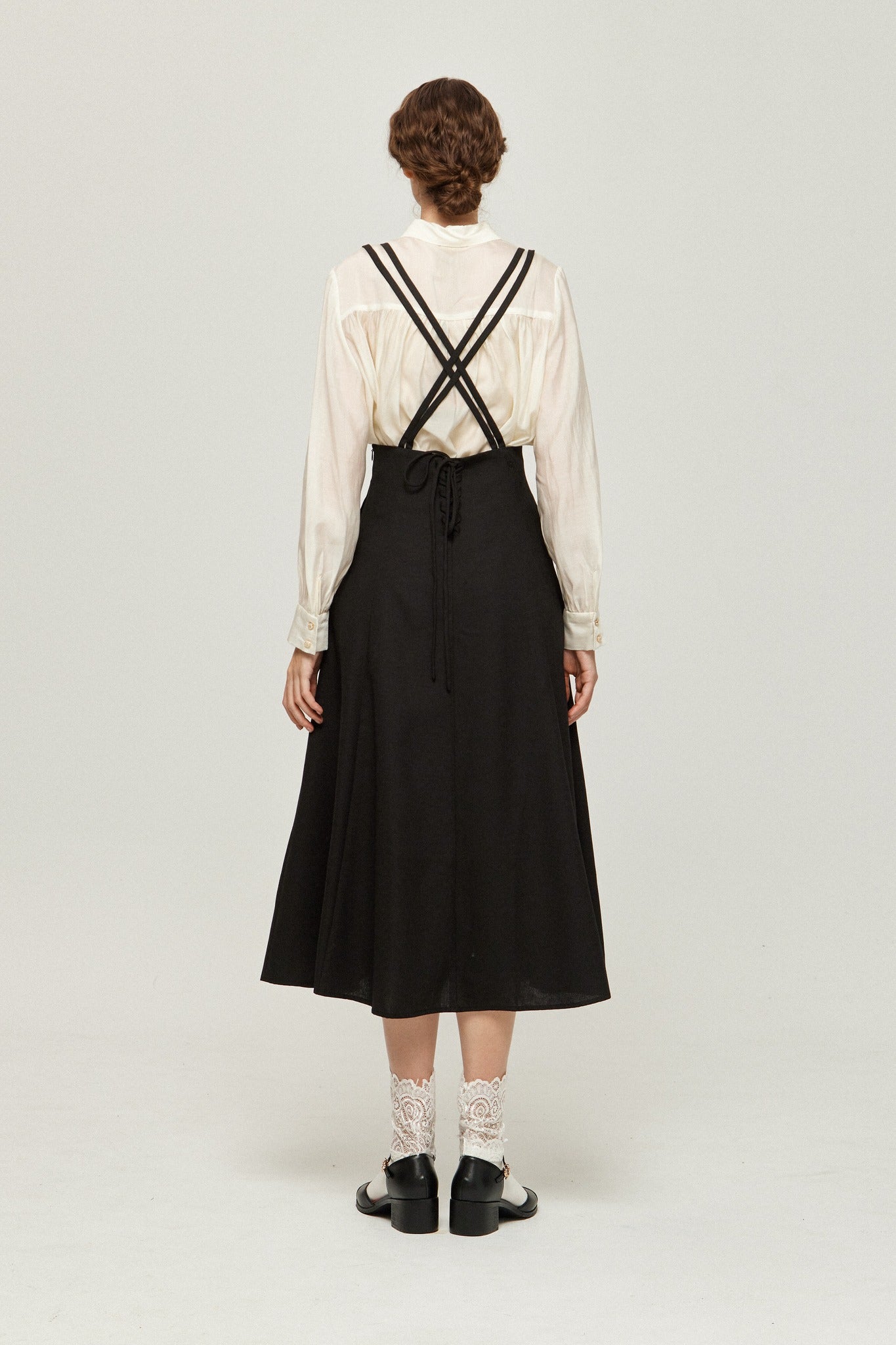 ダブルシンショルダーストラップサスペンダースカート-Black