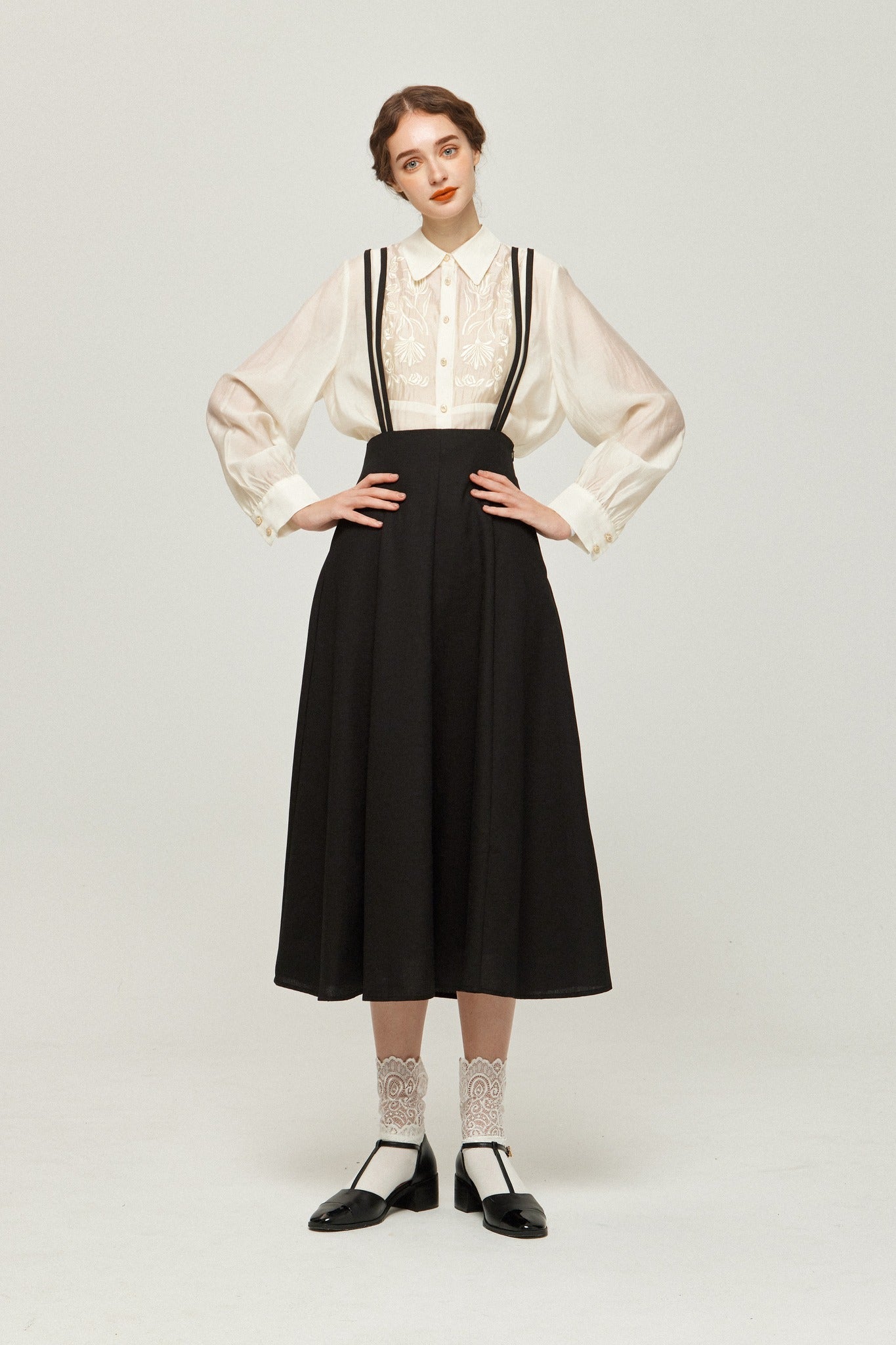 ダブルシンショルダーストラップサスペンダースカート-Black
