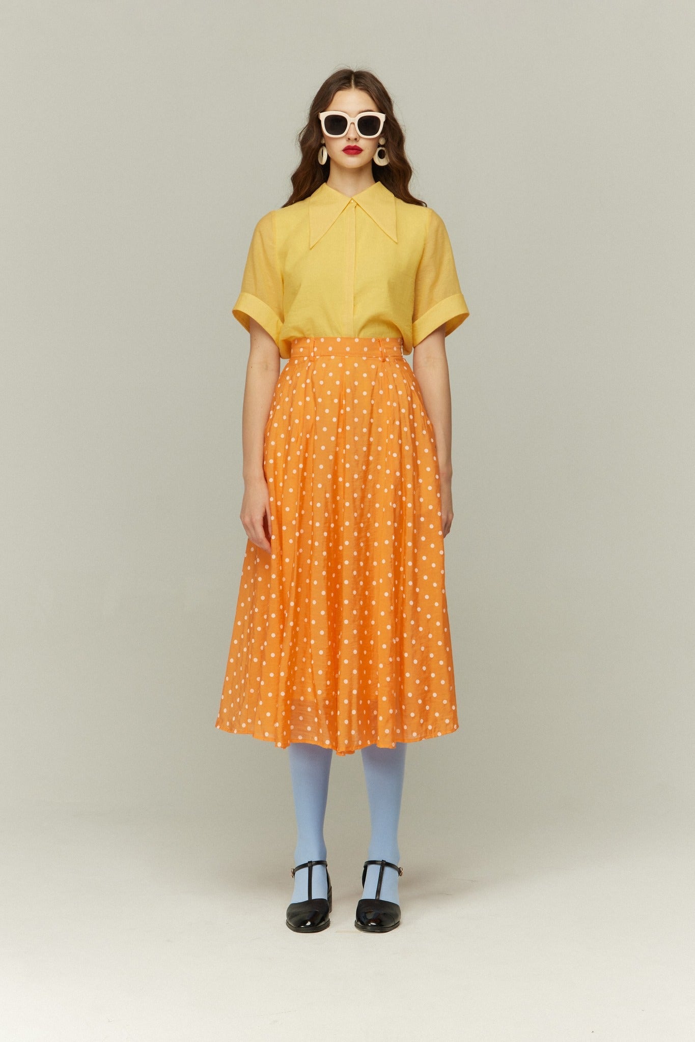 ポインテッドカラーロールアップシャツ-Yellow