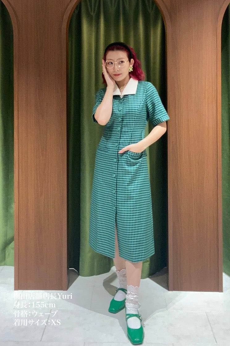 オープンカラーチェックワンピース-Green