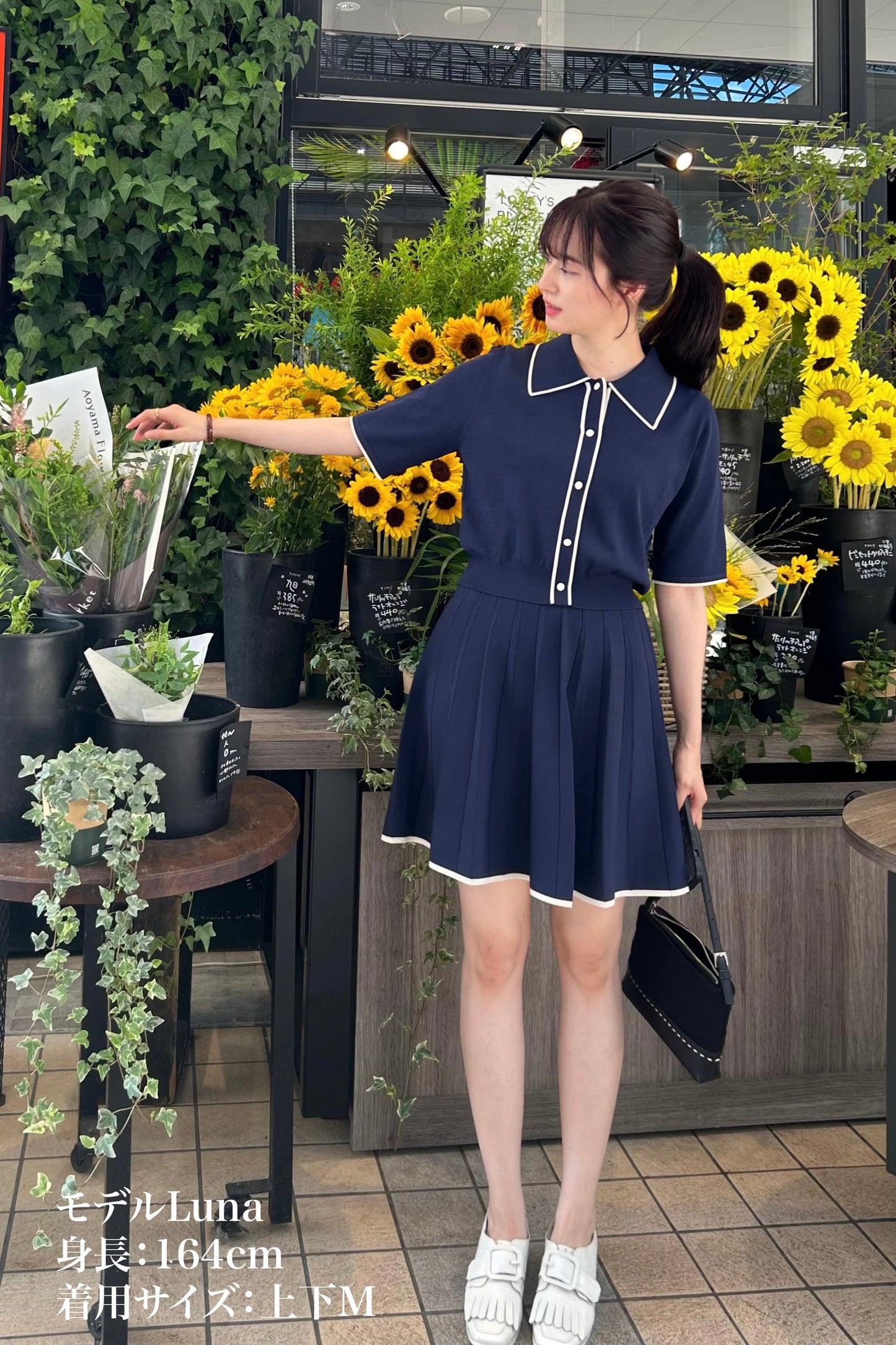 ハイウエストプリーツニットスカート-Navy
