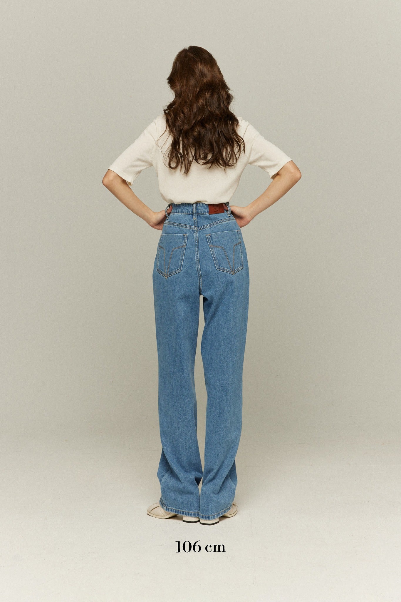 ハイウエストストレートデニムパンツ-Blue