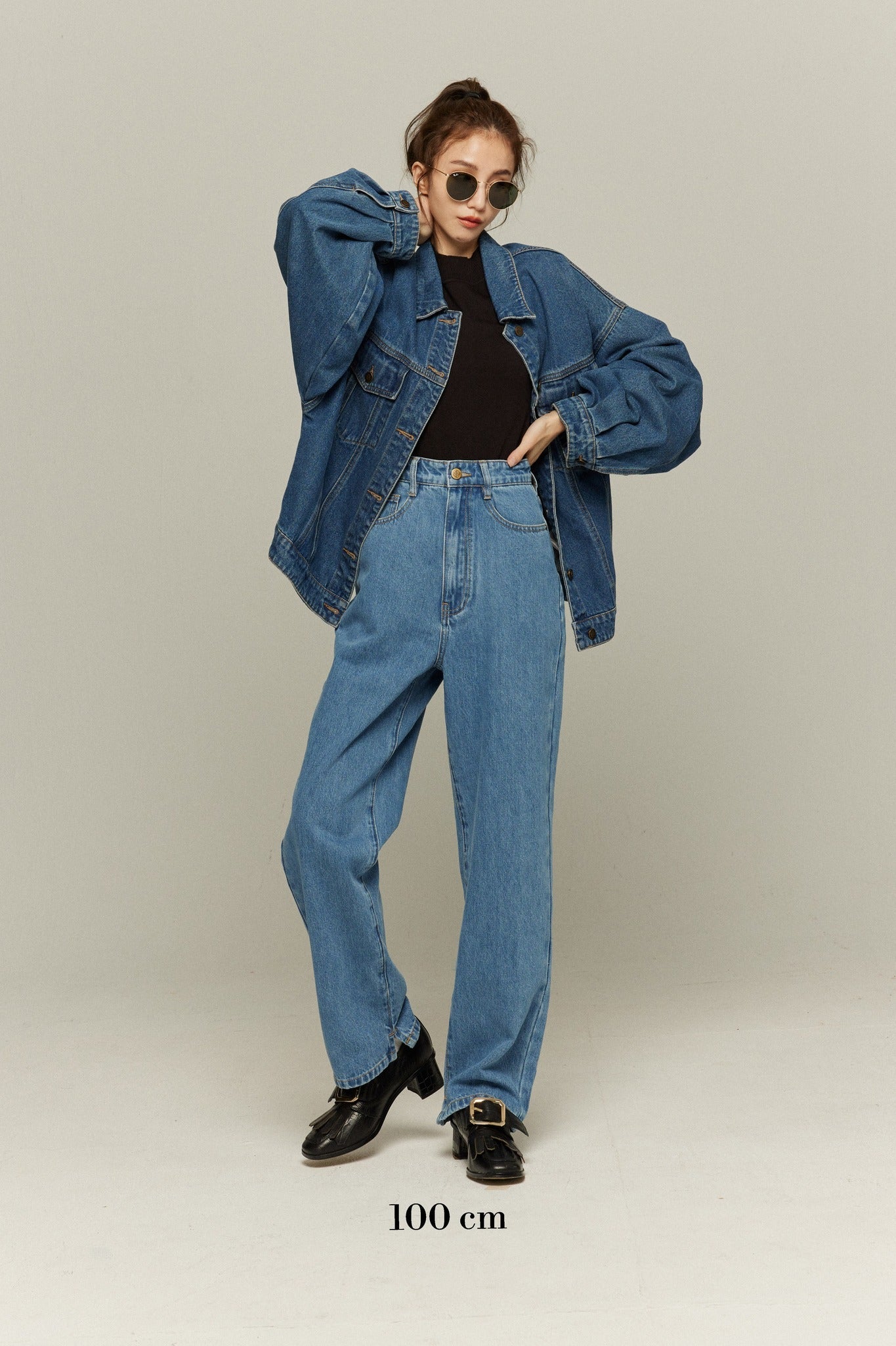 ハイウエストストレートデニムパンツ-Blue