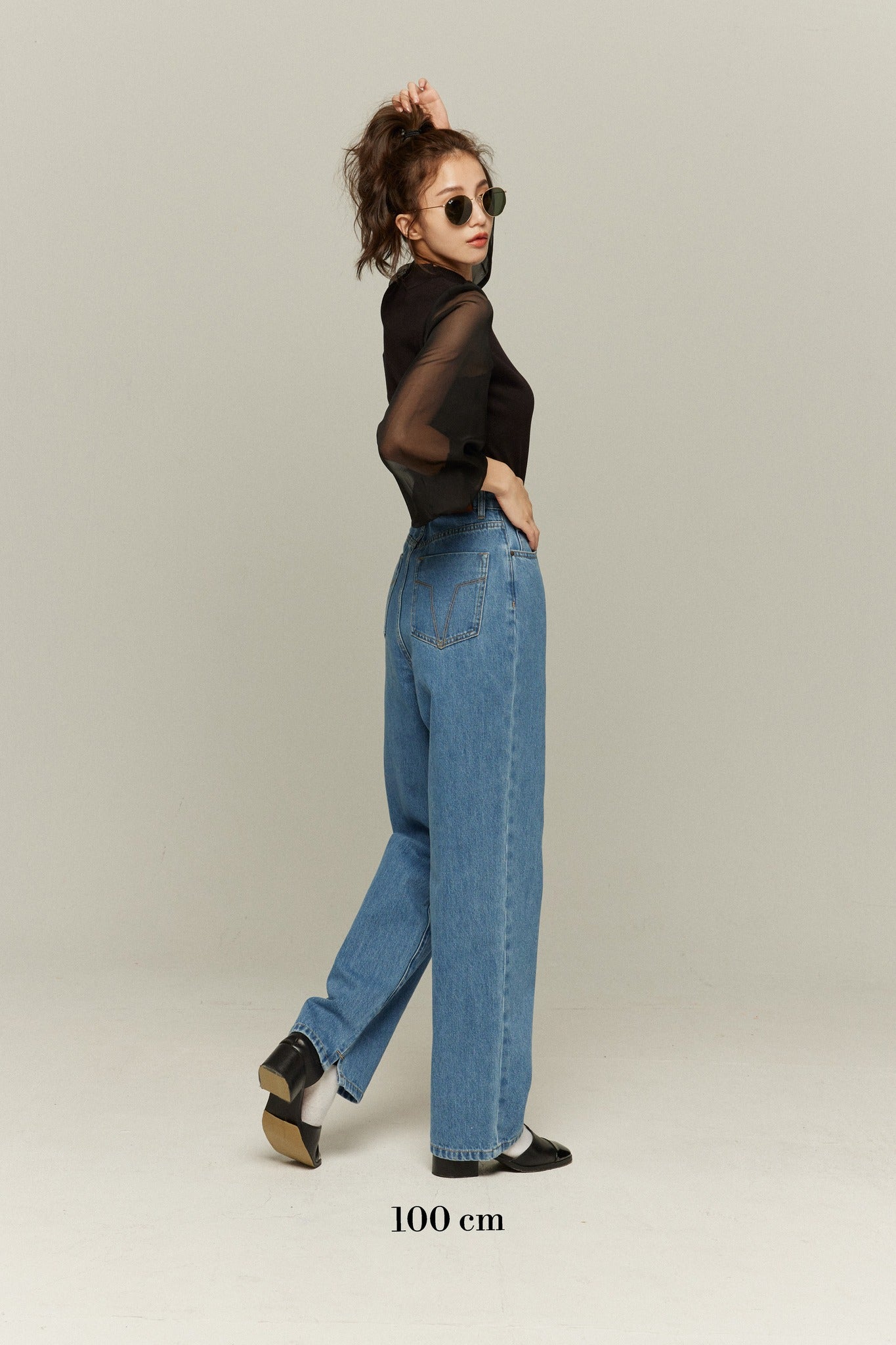 ハイウエストストレートデニムパンツ-Blue
