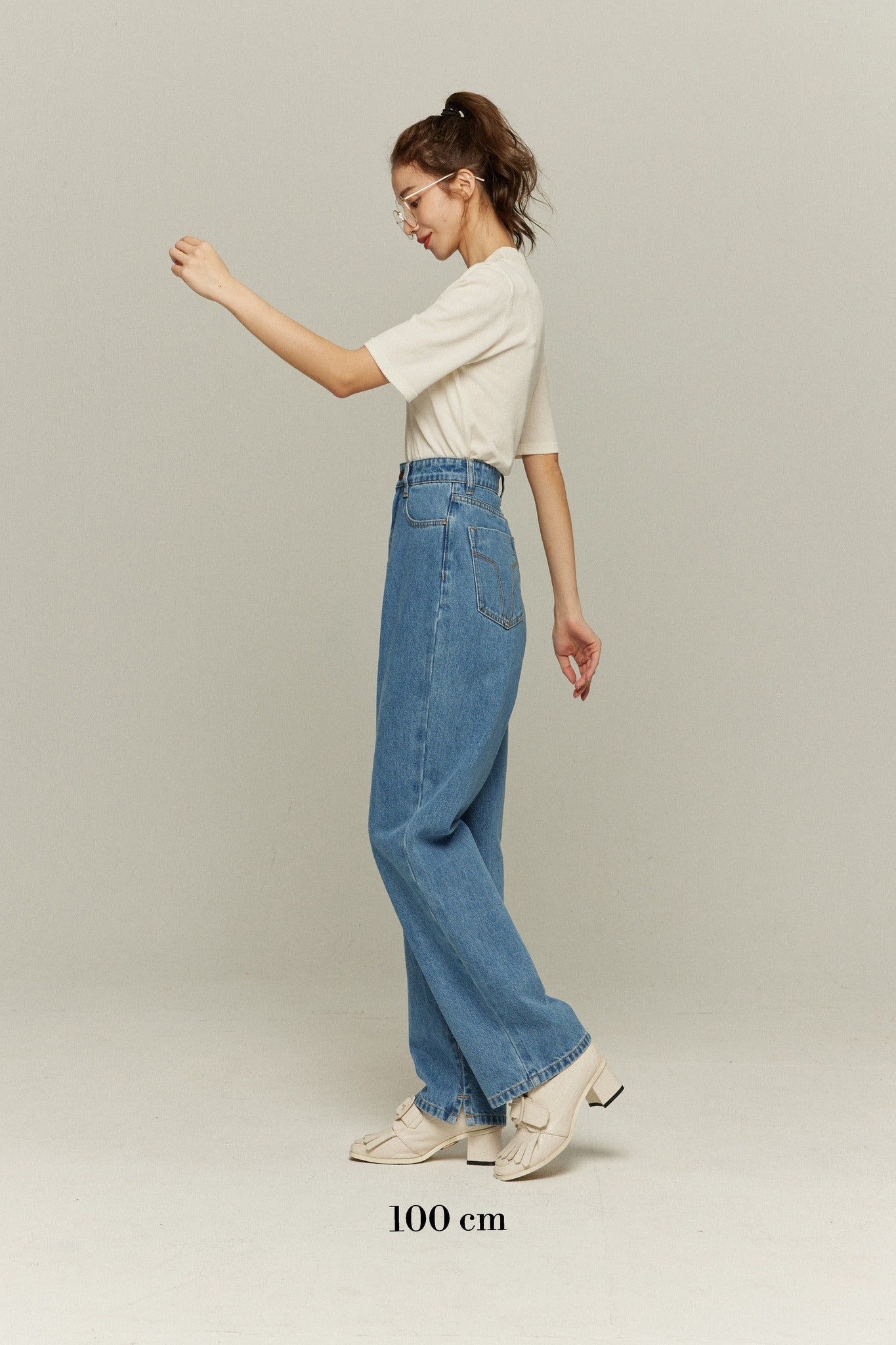 ハイウエストストレートデニムパンツ-Blue