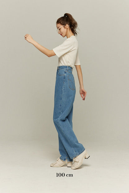 ハイウエストストレートデニムパンツ-Blue