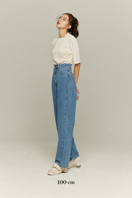 ハイウエストストレートデニムパンツ-Blue