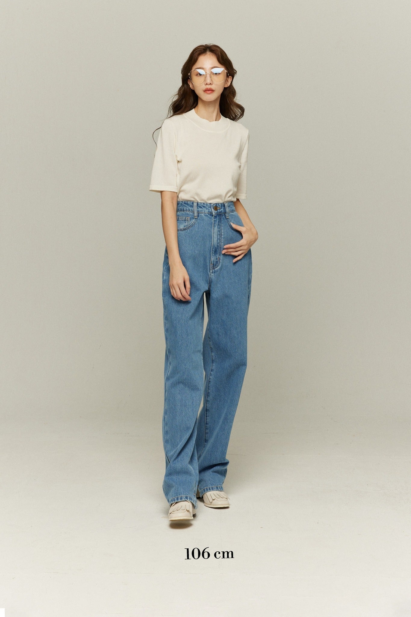 ハイウエストストレートデニムパンツ-Blue