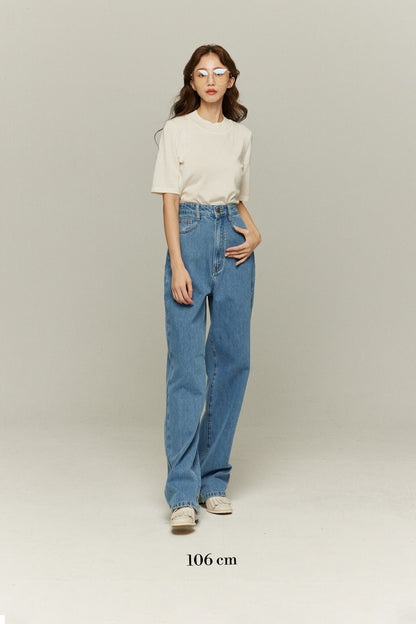 ハイウエストストレートデニムパンツ-Blue