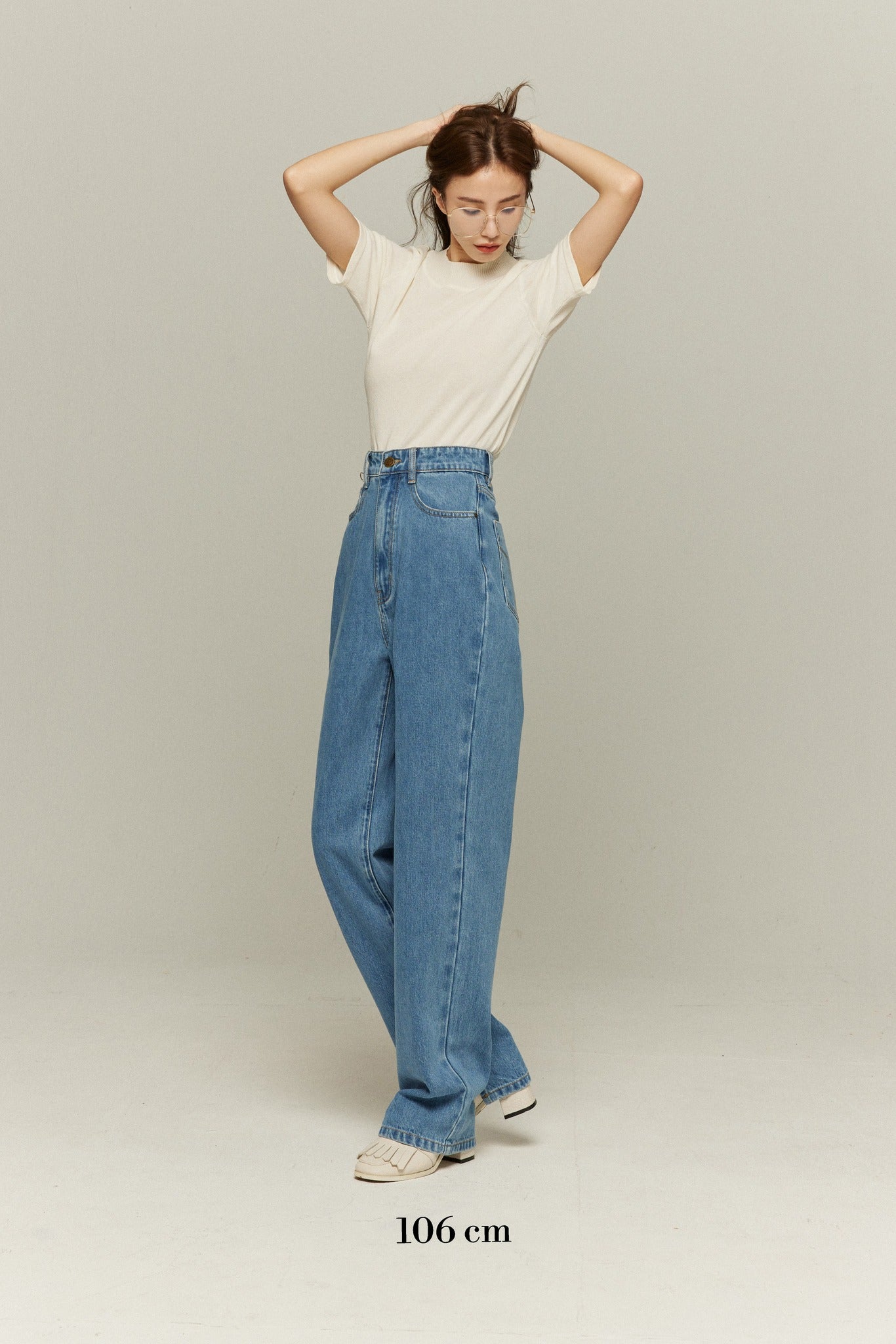 ハイウエストストレートデニムパンツ-Blue
