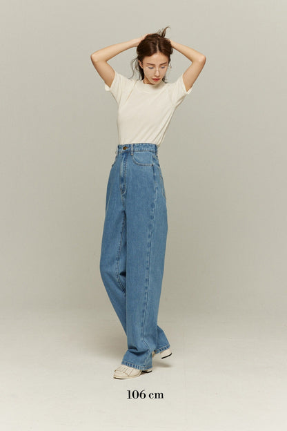 ハイウエストストレートデニムパンツ-Blue
