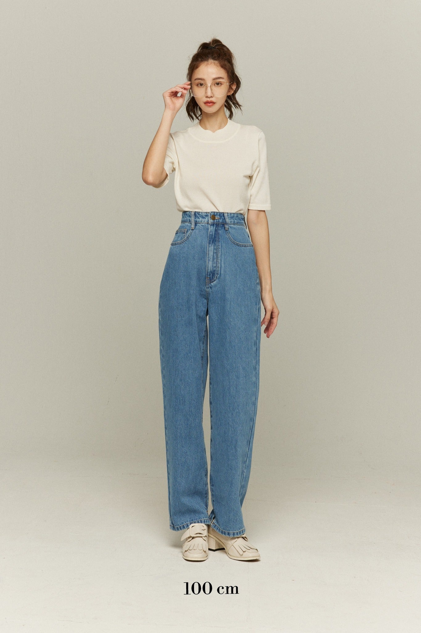 ハイウエストストレートデニムパンツ-Blue