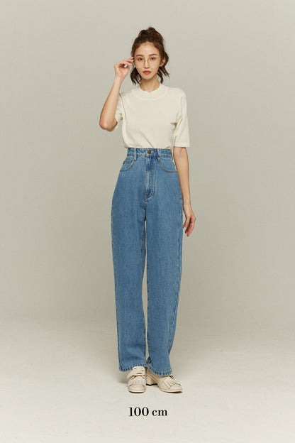 ハイウエストストレートデニムパンツ-Blue