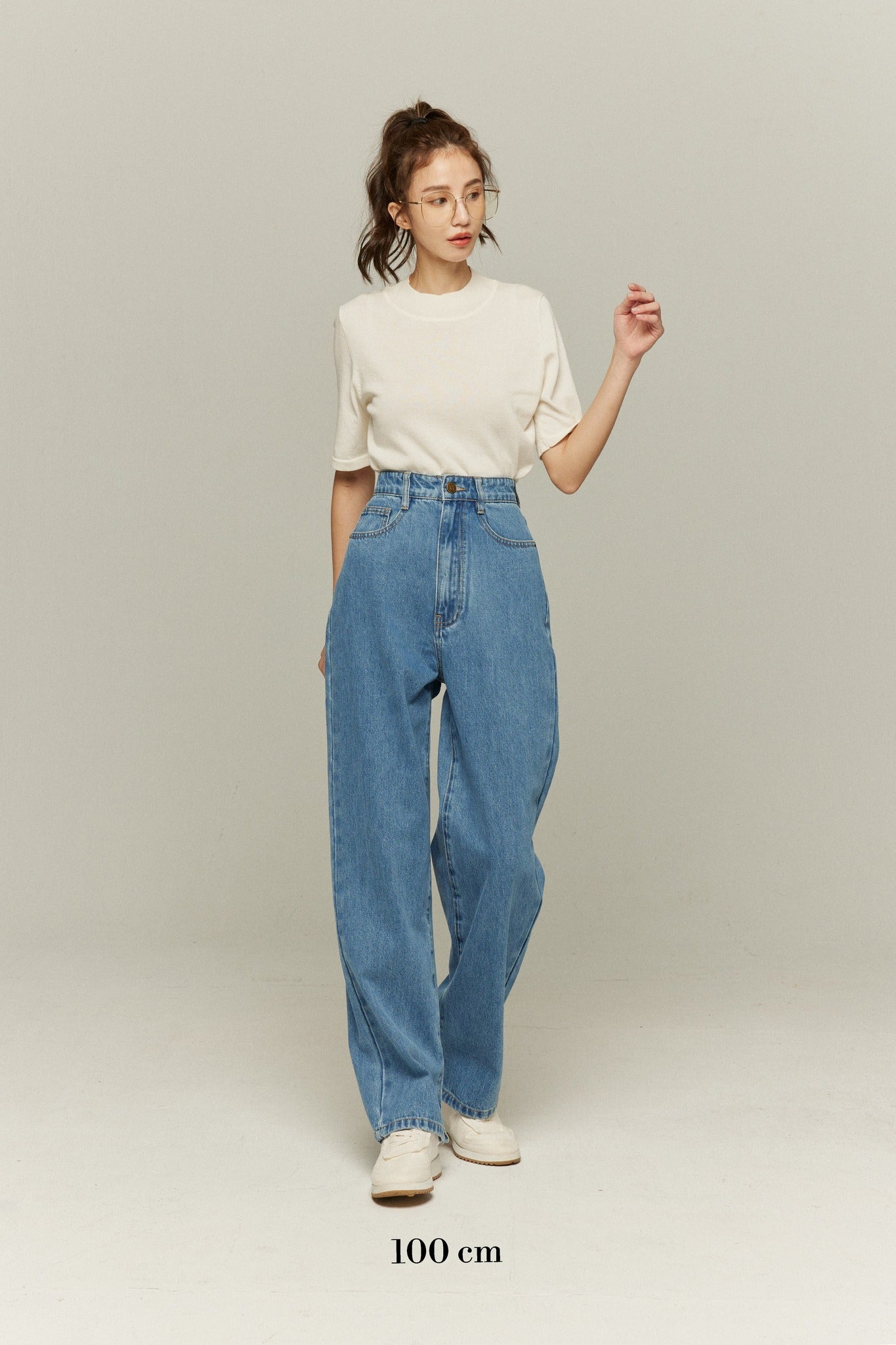 ハイウエストストレートデニムパンツ-Blue