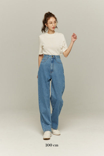 ハイウエストストレートデニムパンツ-Blue