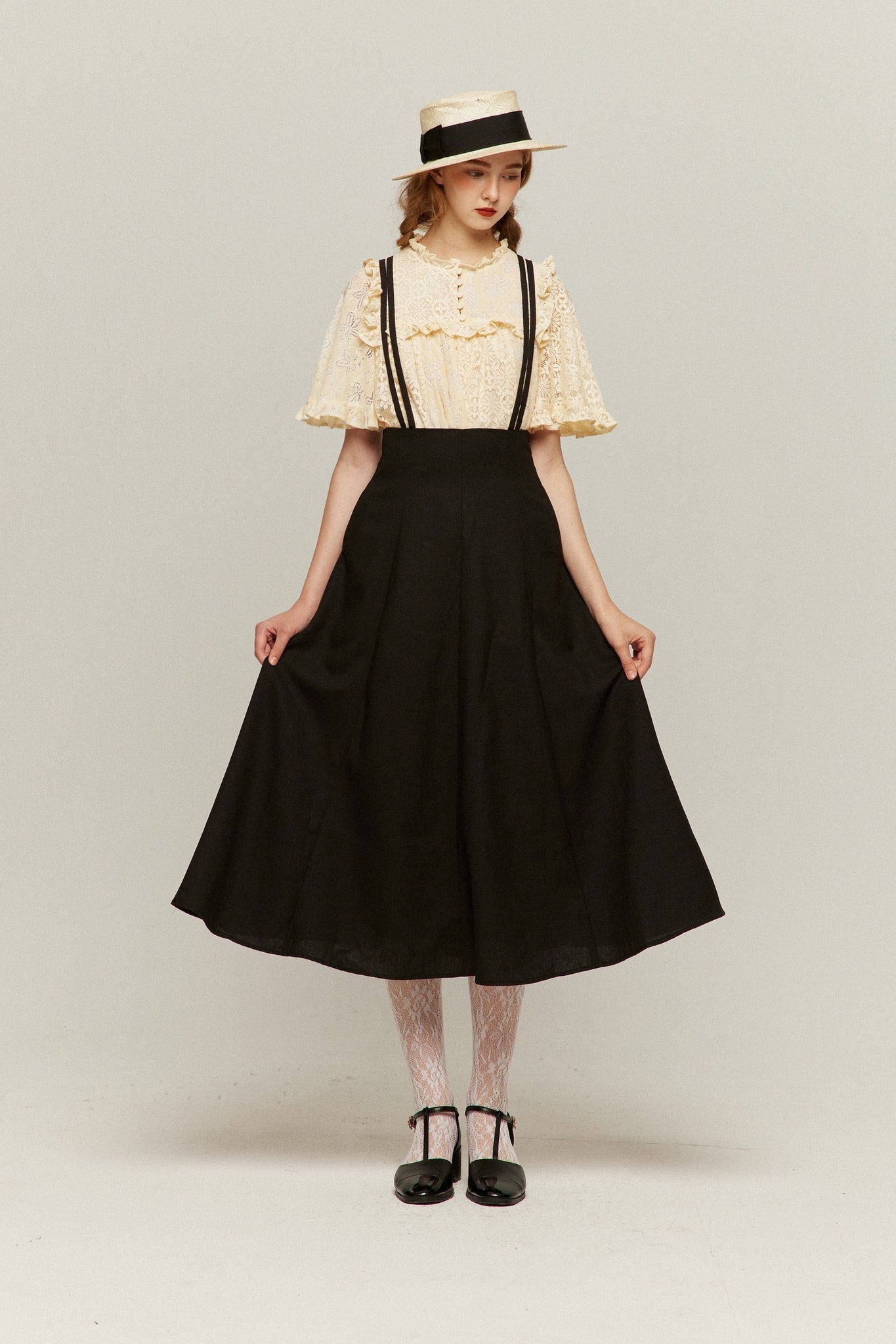 ダブルシンショルダーストラップサスペンダースカート-Black