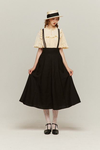 ダブルシンショルダーストラップサスペンダースカート-Black