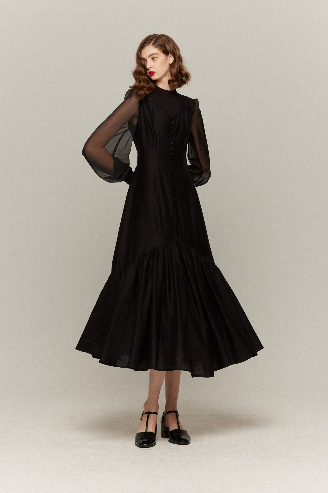 シースルースリーブニットトップ-Black