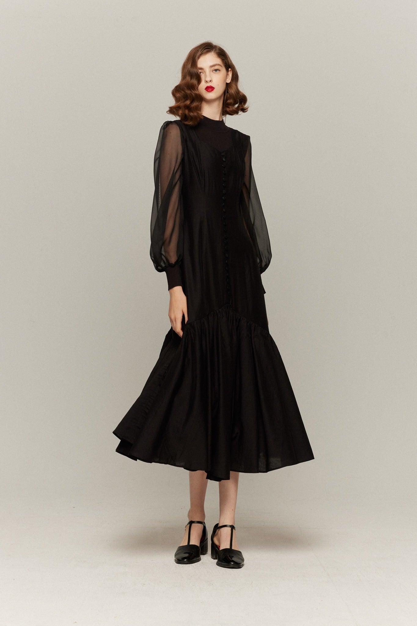 シースルースリーブニットトップ-Black