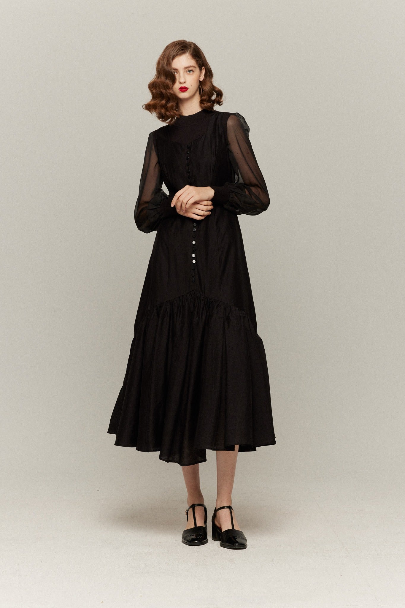 シースルースリーブニットトップ-Black