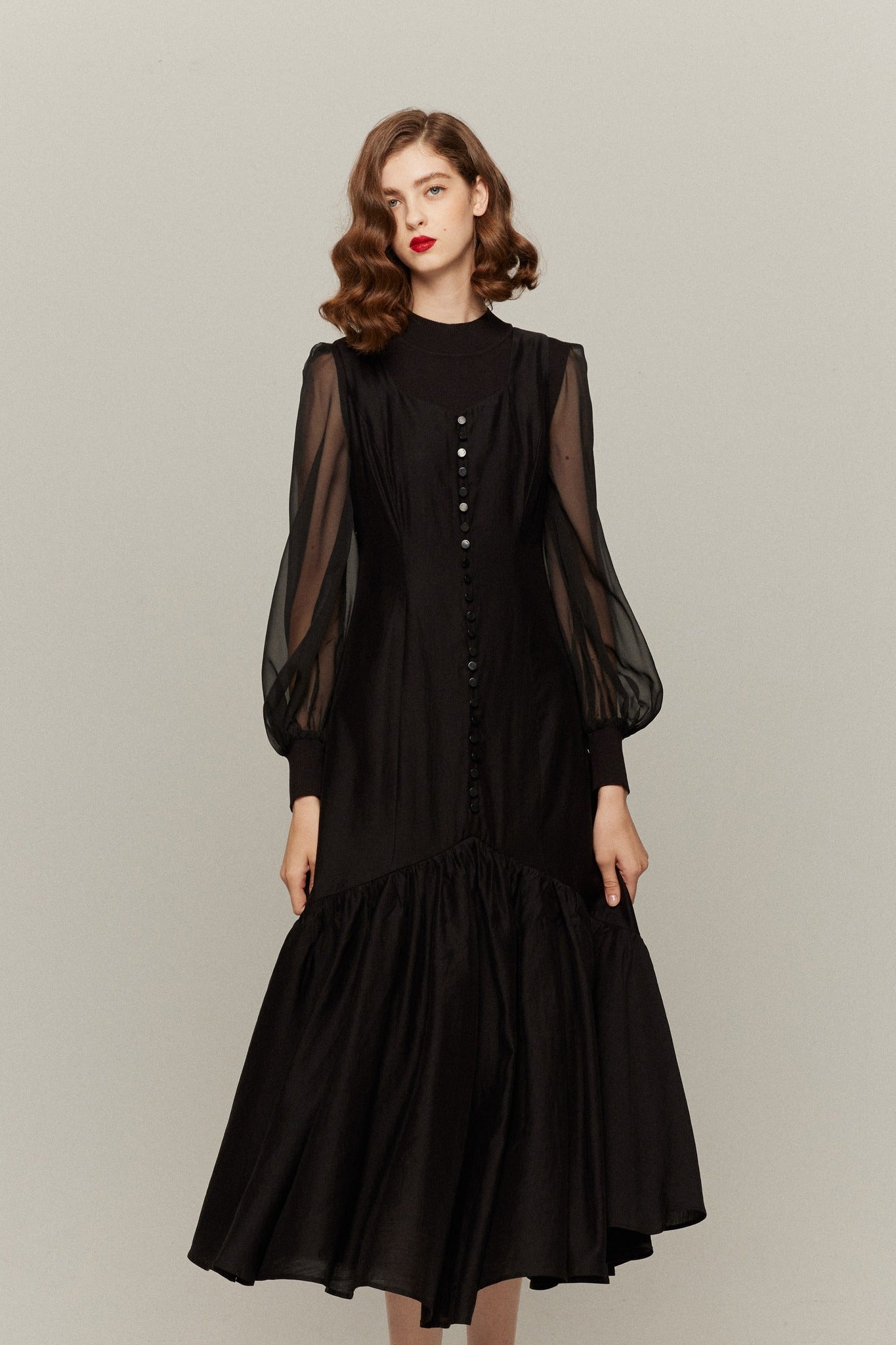 シースルースリーブニットトップ-Black