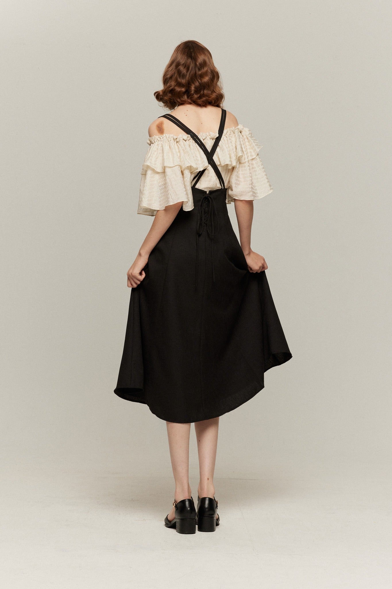 ダブルシンショルダーストラップサスペンダースカート-Black