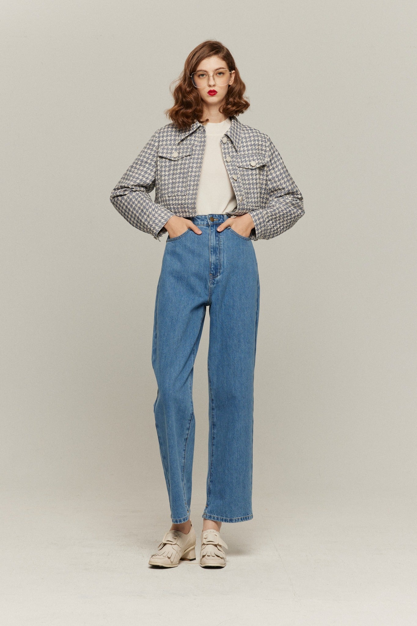 ハイウエストストレートデニムパンツ-Blue