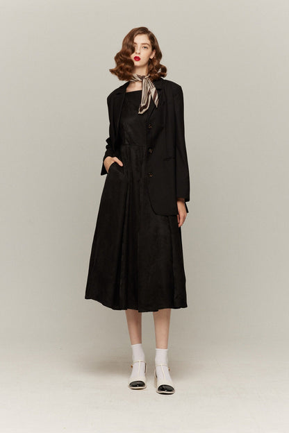 バックオープンハイウエストワンピース-Black