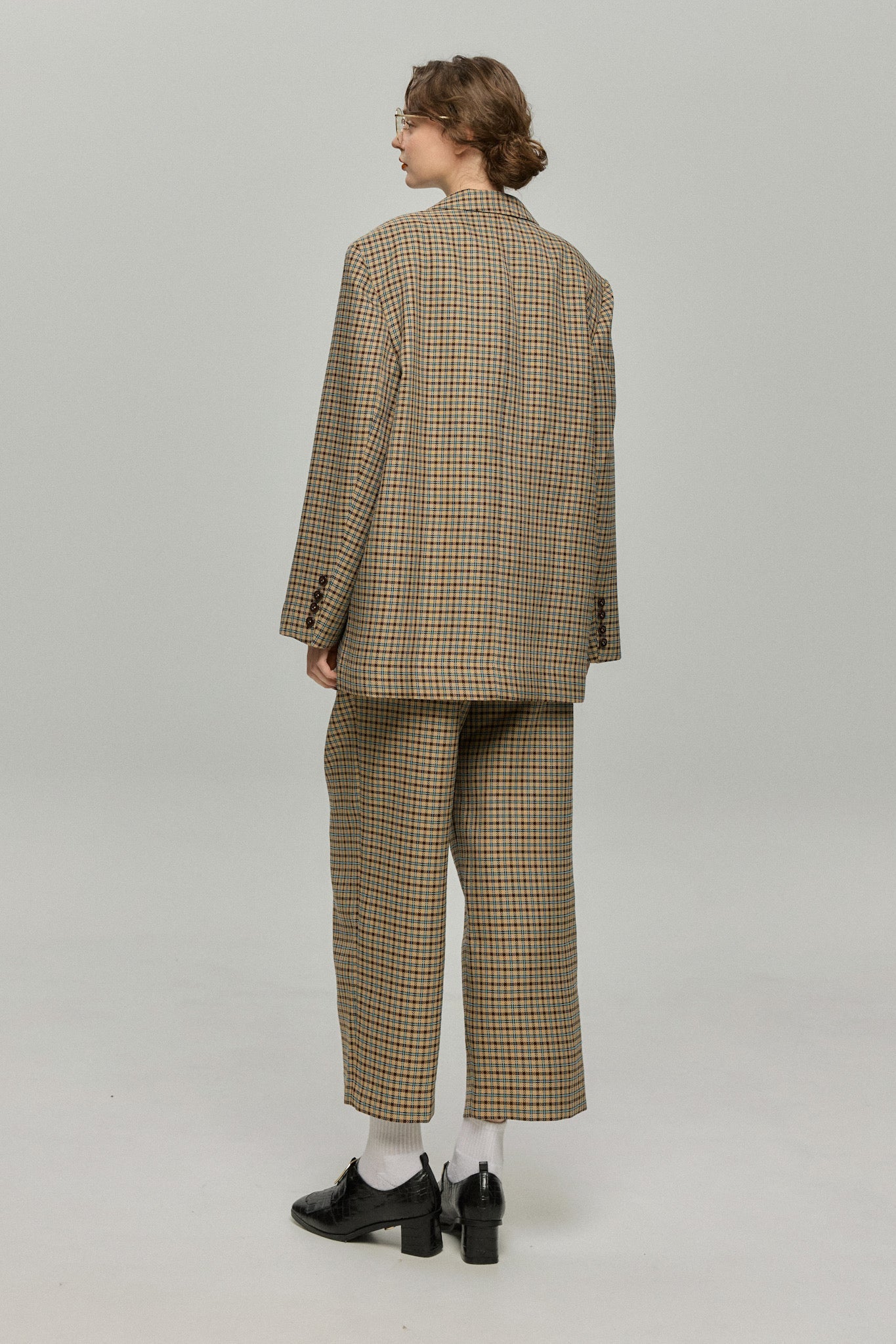 ハイウエストワイドチェックパンツ-Brown