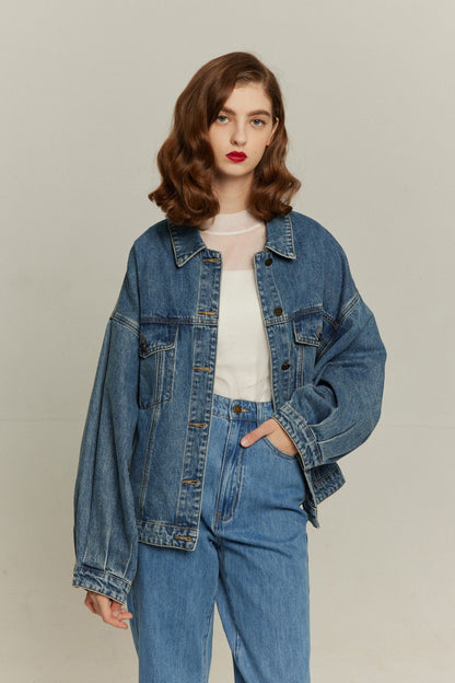 ハイウエストストレートデニムパンツ-Blue