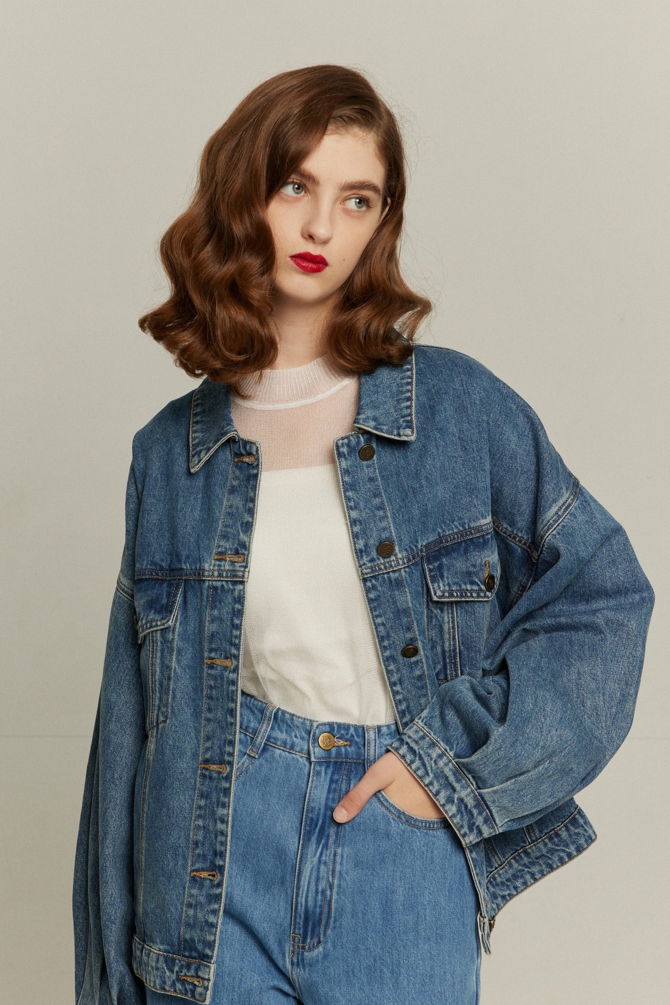 ハイウエストストレートデニムパンツ-Blue