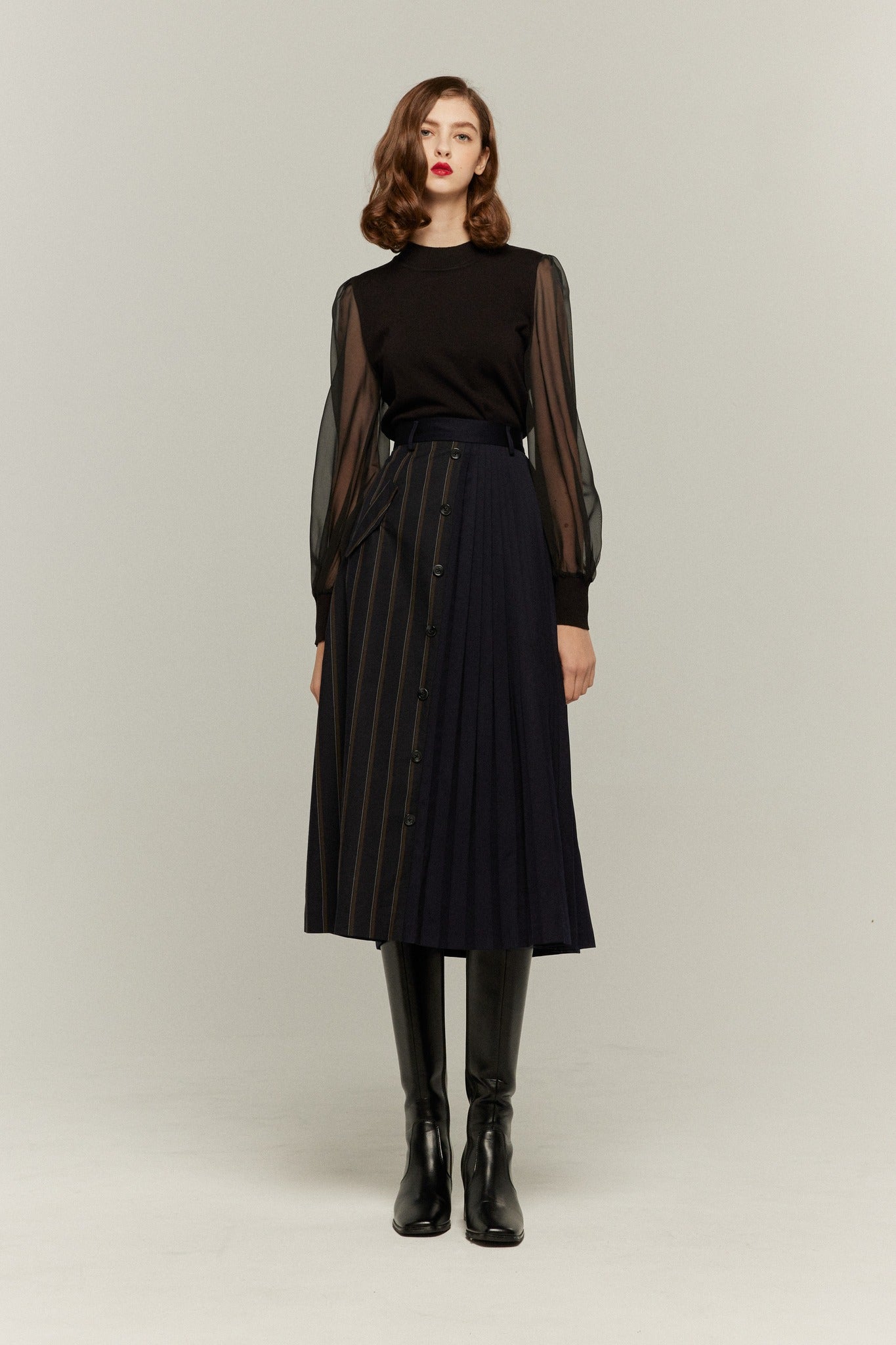 シースルースリーブニットトップ-Black
